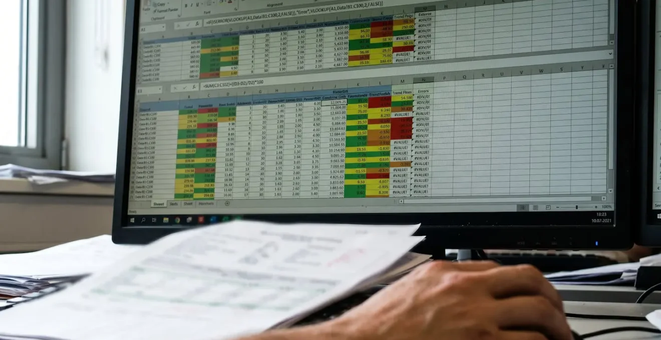 Close-up view of complex Excel spreadsheet displaying financial calculations with multiple formula references and data columns