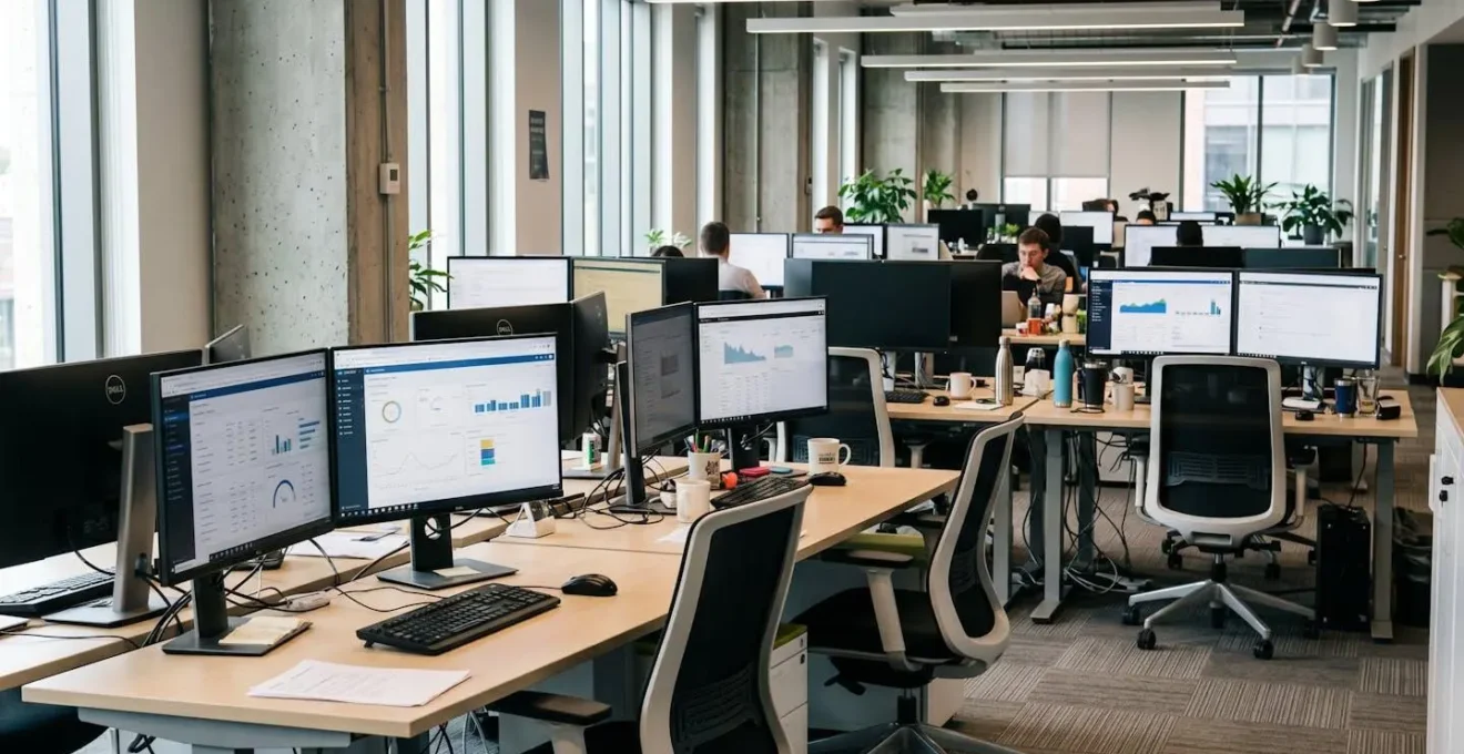 Modern office workspace with multiple monitors showing business analytics dashboards in a well-lit contemporary environment