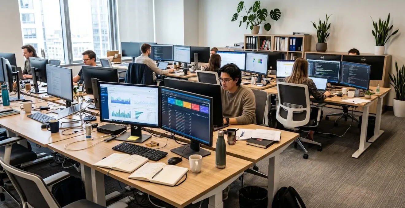 Modern office workspace with multiple monitors showing business analytics dashboards in a well-lit contemporary environment