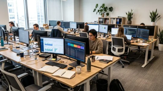 Modern office workspace with multiple monitors showing business analytics dashboards in a well-lit contemporary environment