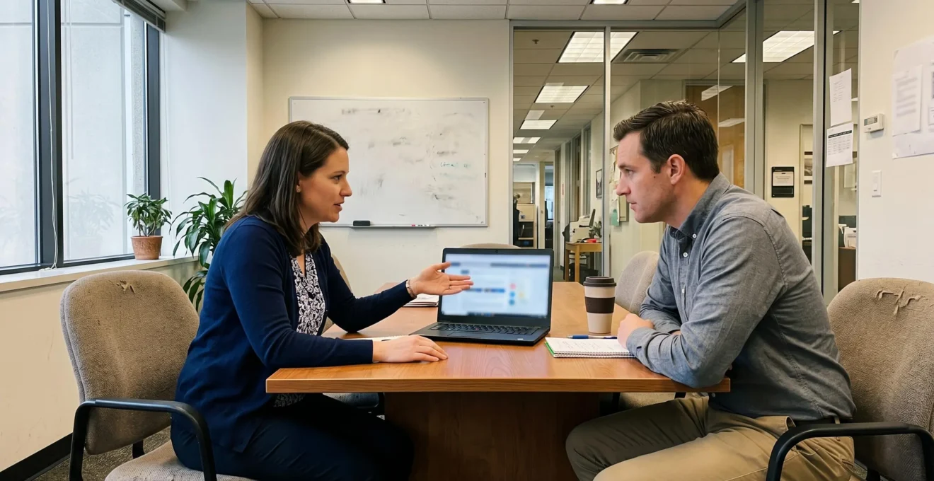 Two professionals in side view having collaborative discussion over laptop in modern office meeting space