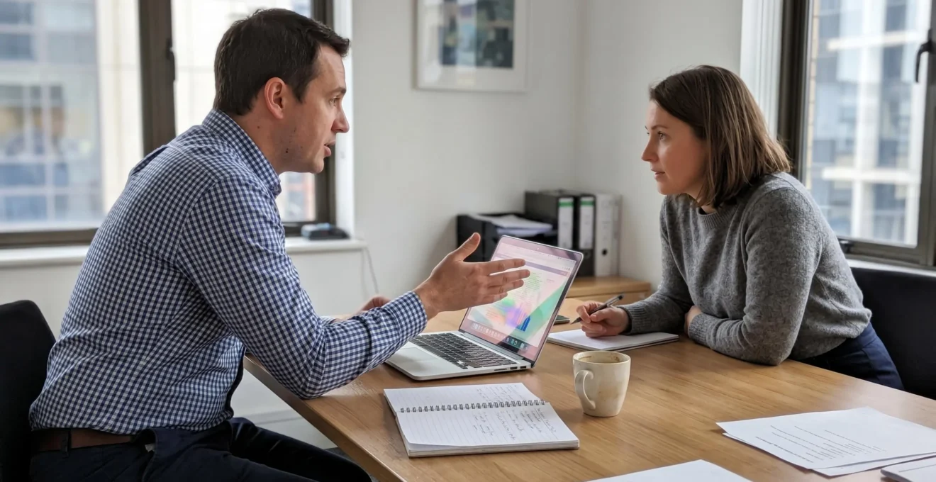 Two professionals in side view having collaborative discussion over laptop in modern office meeting space